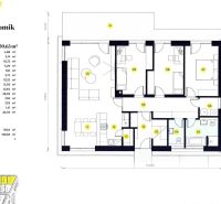 Grundriss eines 4-Zimmer-Bungalows mit Terrasse in Nové Zámky umfasst Wohn- und Technikräume.