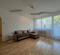 Wohnzimmer mit Sofa und großem Fenster in einer 2-Zimmer-Wohnung mit Holzboden.