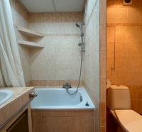 Badezimmer mit Badewanne und Toilette in einer 2-Zimmer-Wohnung mit Fliesen in Beigetönen.