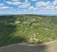 Bewaldete landwirtschaftliche und forstwirtschaftliche Flächen in der Umgebung von Tornaľa unter blauem Himmel.