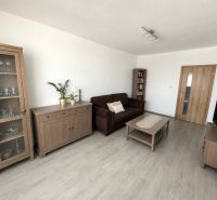 Wohnzimmer mit Holzmöbeln, Boden mit Holzdekor, 3-Zimmer-Wohnung.