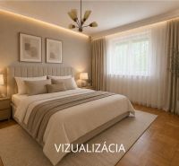 Schlafzimmer in einer 2-Zimmer-Wohnung mit Vorhängen, Teppich und Boden in Holzoptik.