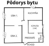 Grundriss einer 2-Zimmer-Wohnung: Zimmer, Küche, Badezimmer mit WC und Speisekammer.