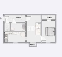 Der Grundriss zeigt die Anordnung der Zimmer, einschließlich des Kleiderschranks und des Balkons in einer 2-Zimmer-Wohnung.