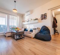 Wohnzimmer in einer 3-Zimmer-Wohnung mit Holzboden, Sofa und großen Fenstern.