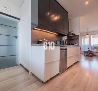 Küche und Wohnzimmer in einer 3-Zimmer-Wohnung mit Holzboden.
