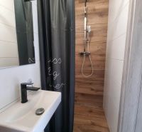Badezimmer in einem Einfamilienhaus mit Holzdekor in der Duschkabine und Vorhang.