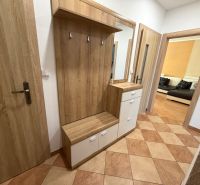 Eingangsbereich mit Spiegel und Schrank in einer 3-Zimmer-Wohnung. Boden mit Holzdekor.