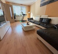 Wohnzimmer mit Ledersofa und Holzboden in einer 3-Zimmer-Wohnung.