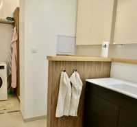 Badezimmer in einer 3-Zimmer-Wohnung mit Waschmaschine, Waschbecken, Holzelementen und Regalen.