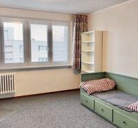 Einzimmerwohnung mit Bett, Schreibtisch und Stadtblick.