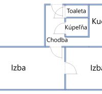 Grundriss einer 2-Zimmer-Wohnung mit Küche, Badezimmer und Toilette.