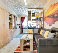 Wohnzimmer in einer Zweizimmerwohnung mit Sofa, Bücherregal und buntem Bild an der Wand.