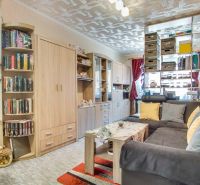 Wohnzimmer mit Bücherregal, Sofa und Holzboden in einer Zweizimmerwohnung.