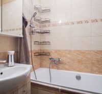 Badezimmer in einer 2-Zimmer-Wohnung mit Badewanne, Dusche und Wandregalen.