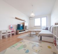 Wohnzimmer in einer 2-Zimmer-Wohnung mit Holzboden, Kindermöbeln und Sofa.