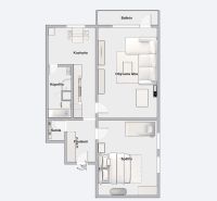 Grundriss einer 2-Zimmer-Wohnung mit Balkon: Küche, Wohnzimmer, Badezimmer, Schlafzimmer.