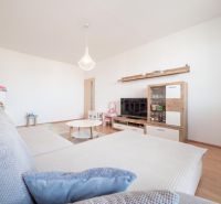 Helles Wohnzimmer mit großem Sofa, Holzboden, gemütliche 2-Zimmer-Wohnung.