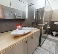 Badezimmer in einer 3-Zimmer-Wohnung mit einem Waschbecken auf Holzdekor und einer Duschkabine.