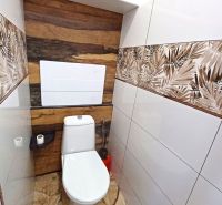 Toilette in einer Ferienwohnung mit dekorativen Fliesen und einem Boden in Holzoptik.