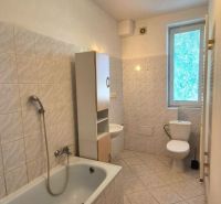 Badezimmer mit Badewanne und Fenster in einer Einzimmerwohnung, Fliesen und Kacheln.