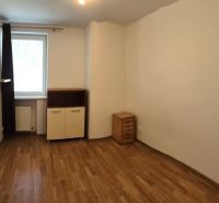 Einzimmerwohnung mit Holzboden, Möbeln und weißen Wänden.