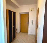 Eingangsflur in einer Einzimmerwohnung mit Fliesenboden und Kleiderschrank.