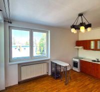 Küche in einer Einzimmerwohnung mit Platz für eine Essecke und einem Boden in Holzoptik.