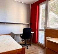 Ein Zimmer in einer 2-Zimmer-Wohnung mit einem Boden in Holzoptik, einem Schreibtisch und einem Bett.