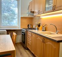 Küche in einer 2-Zimmer-Wohnung mit Holzmöbeln und einem Boden mit Holzdekor.