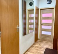 Flur mit Holzboden in einer 2-Zimmer-Wohnung, Spiegel und Uhr an der Wand.