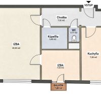 Grundriss einer 2-Zimmer-Wohnung mit Badezimmer, Küche, Balkon und Flur.
