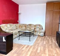 Wohnzimmer mit Sofa, Schrank und Holzboden in einer 2-Zimmer-Wohnung.