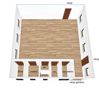 Grundriss des Produktionsraums mit Holzboden, Büro und Lager.