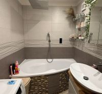 Badezimmer mit Badewanne und dekorativen Fliesen in einer 4-Zimmer-Wohnung.