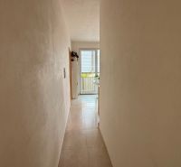 Ein enger Flur, der zu den Glastüren in einer 4-Zimmer-Wohnung führt.