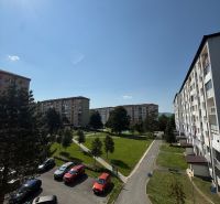 Blick auf die Wohnsiedlung mit Parkplatz, Bäumen und Wohnhäusern in der Mierová-Straße in Stará Ľubovňa.