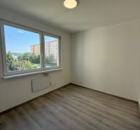 Ein Zimmer in einer 3-Zimmer-Wohnung mit einem Boden in Holzoptik und großen Fenstern.