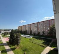 Blick auf die Umgebung der Wohnungen in der Mierová-Straße in Stará Ľubovňa, Grünflächen und Gehwege.