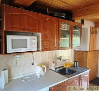 Küche mit Holzdecke und Schränken, Mikrowelle, Spüle, Wasserkocher.