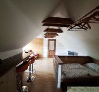 Dachbodenraum mit Bett, Bartheke und Boden mit Holzdekor.