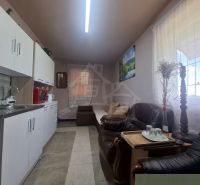 Küchenzeile in der Hütte mit Sofas und Dekoration, Boden mit Holzdekor.