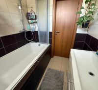 Badezimmer in einer 3-Zimmer-Wohnung mit Badewanne, Waschbecken und Fliesen, geeignet für Komfort.