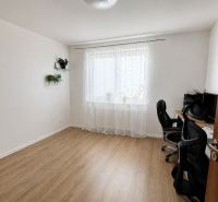 Ein Zimmer in einer 3-Zimmer-Wohnung mit einem Holzboden und einem Schreibtisch.