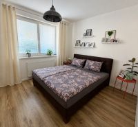 Schlafzimmer mit Bett, Holzboden und Dekorationen in einer 3-Zimmer-Wohnung.