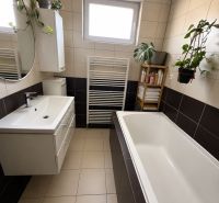 Badezimmer in einer 3-Zimmer-Wohnung mit Badewanne, großem Spiegel und Pflanzen an den Wänden.