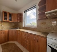 Küche mit Holzdekor, Küchenzeile, Elektrogeräte und Fenster in einer 2-Zimmer-Wohnung.