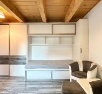 Wohnbereich in einer 2-Zimmer-Wohnung mit Fernseher, Sofa und eingebautem Bett.