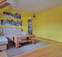 Wohnzimmer mit Sofa, Holzboden und gelben Wänden in einer 2-Zimmer-Wohnung.