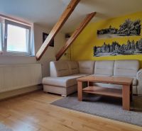Wohnzimmer mit Sofa, Tisch und Boden in Holzoptik in einer 2-Zimmer-Wohnung.